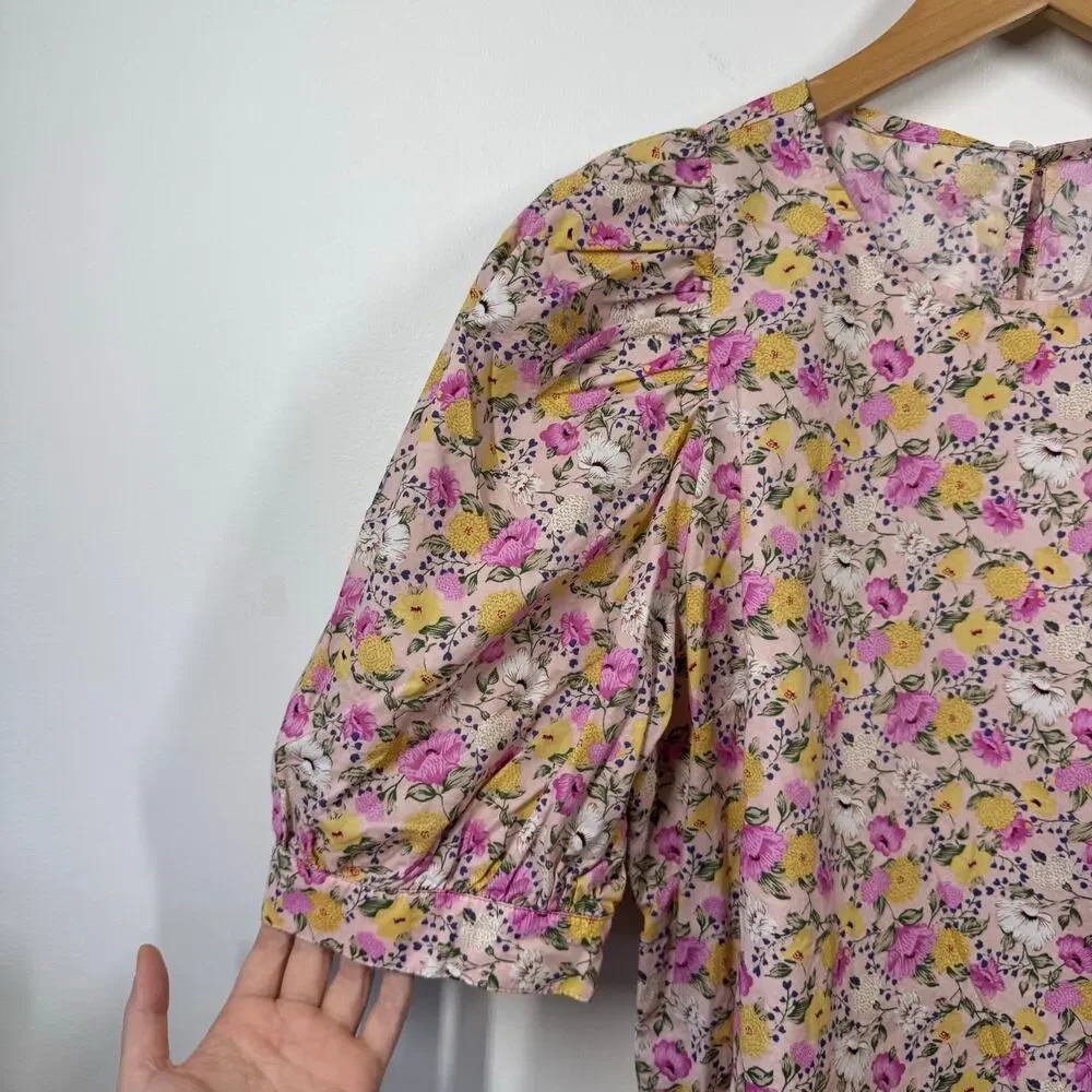 En Saison Top Women M Pink Floral Puff Sleeve 100% Cotton Spring Modest Cottage